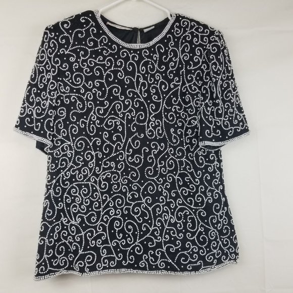 VTG Laurence Kazar Sz L Black Silk Pearl Beaded Evening Formal Top Blouse Womens - Picture 1 of 7